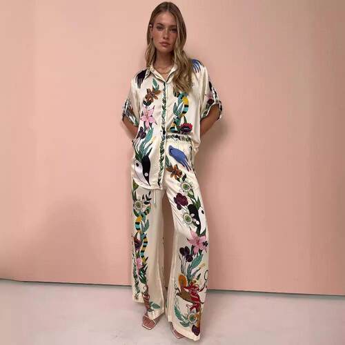 缎面两件套 2Piece set Flower Print Satin Blouse Pants Set