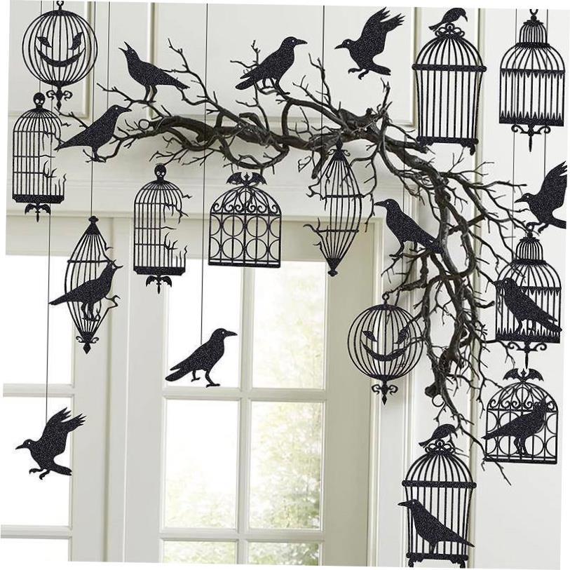 Glitter Black Crow Cage Halloween Party Decorations for