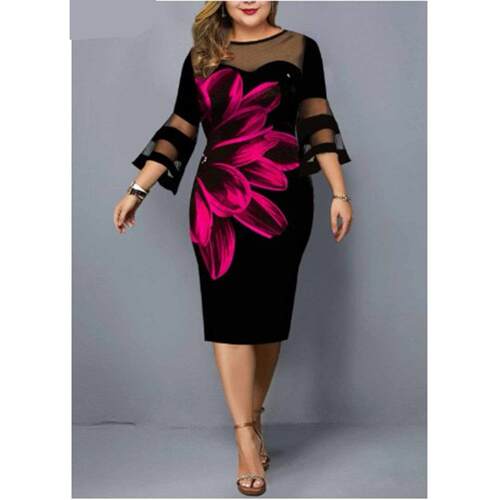 Big size Printed gauze stitching dress印花网纱拼接大码连衣裙