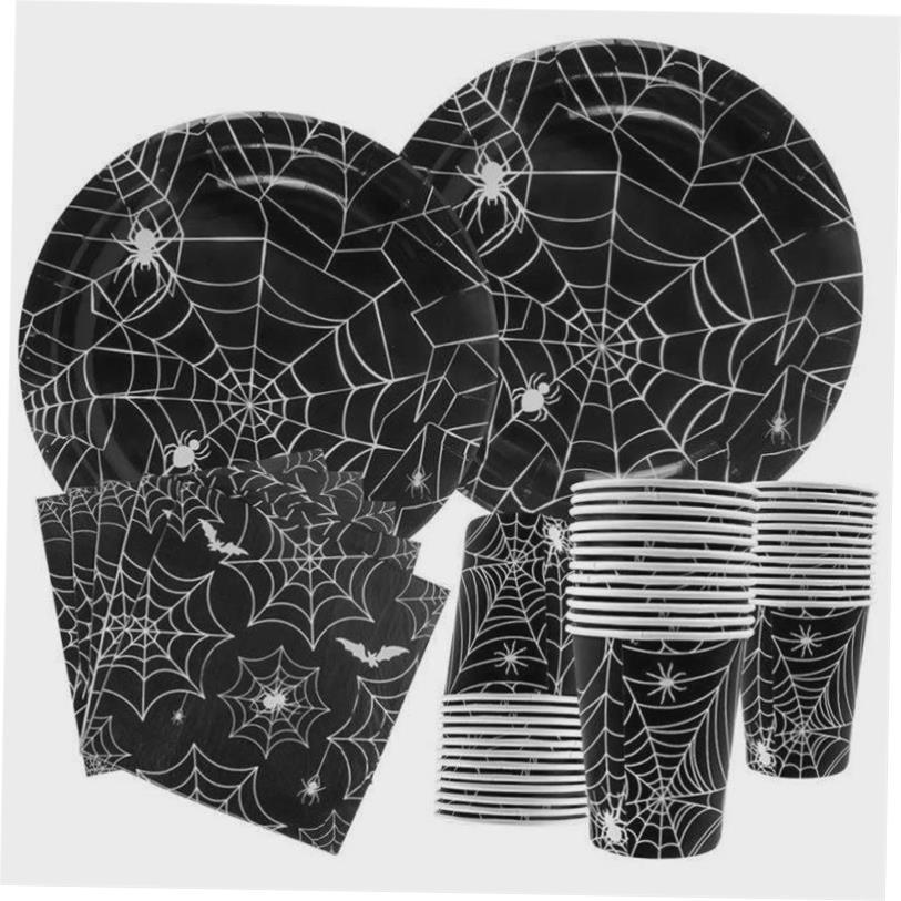 Halloween Party Spider Web Disposable Tableware Set Black Pa