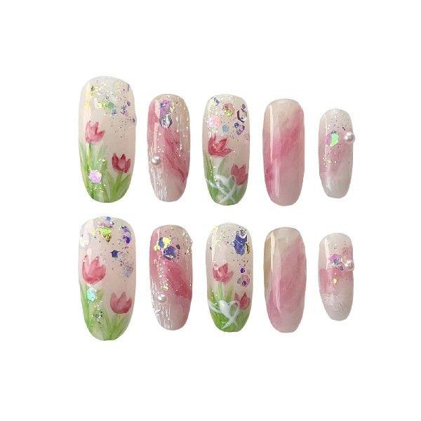 Pink Smudging Fake Nails with Tulip Printed Easy to Apply
