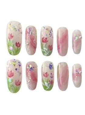 Pink Smudging Fake Nails with Tulip Printed Easy to Apply