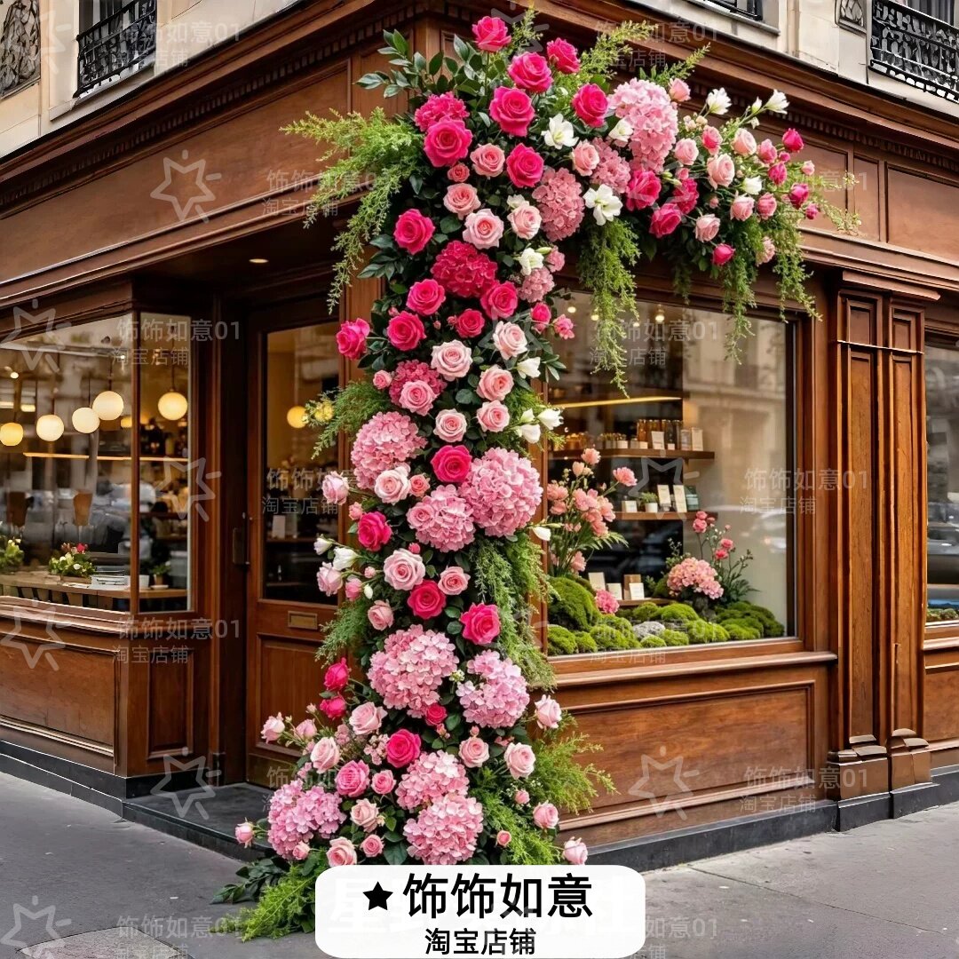 仿真瀑布花艺门头装饰美陈店铺橱窗户外景区公园布置拍照道具摆件
