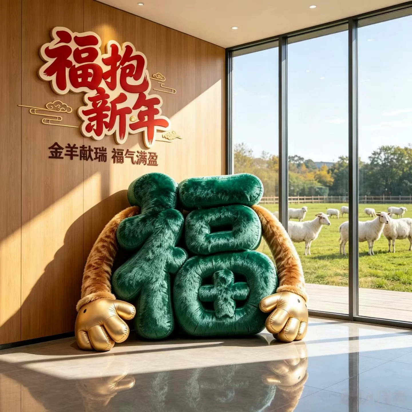 巨型毛绒抱抱福羊臀装饰墙图片
