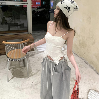 蕾丝拼接白色吊带背心女夏季修身无袖外穿设计感辣妹短款内搭上衣