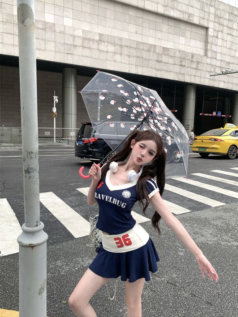 休闲运动套装辣妹印花短款T恤上衣女夏季高腰半身裙子蓝色两件套