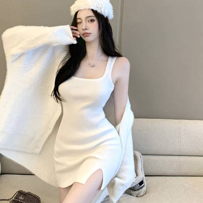 法式白色内搭针织吊带裙