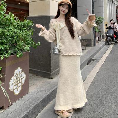 蝴蝶结圆领宽松针织衫毛衣女秋季时尚套装高腰a字半身长裙两件套
