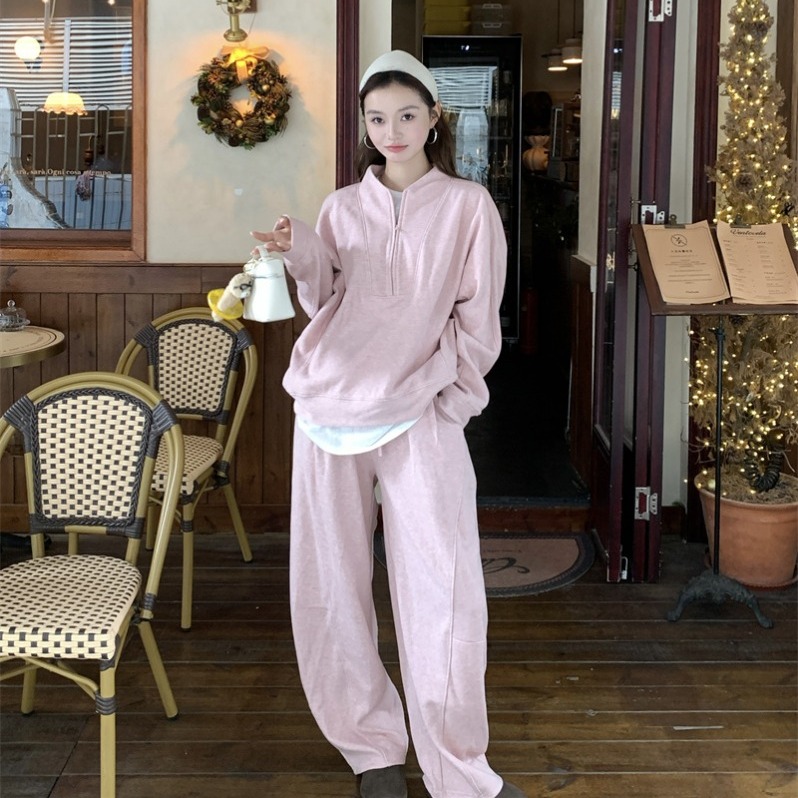 2025新款慵懒风套装纯色简约长袖卫衣女秋冬宽松显瘦阔腿裤两件套