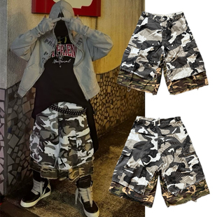grailz 24fw同款水洗做旧宽松迷彩拼接猫须工装口袋男女七分短裤