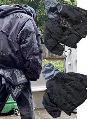 秋冬废土风巴黎黑色重工破坏水洗做旧拉链卫衣连帽夹克棉服外套