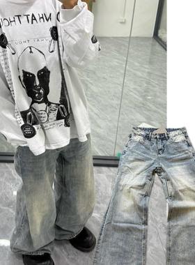 B/L高版本25SS水洗后跟刀割水洗蓝色竹节棉宽松微喇中低腰牛仔裤