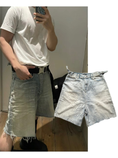 潮牌男中裤 巴黎23wf潮流夏季 宽松阔腿Skater做旧水洗毛边牛仔短裤