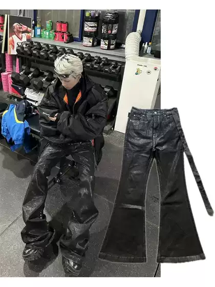 Dark Ro Style 23Ss Niche Dark Wax-Coated High-Stretch Ribbon Jeans Wide-Leg Flared Pants Trendy Men's Fashion