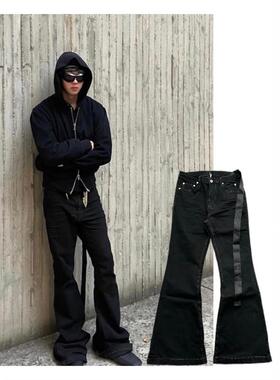R/O风格 24SS 基础款弹力黑色飘带宽松喇叭裤口牛仔裤男女潮长裤;