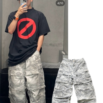 BLCG巴黎重工手绘做脏灰白迷彩Cargo宽松工装裤可拆卸多口袋长裤