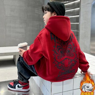 男童秋冬款加绒卫衣2025新款中大童潮酷酒红色加厚保暖过年服上衣