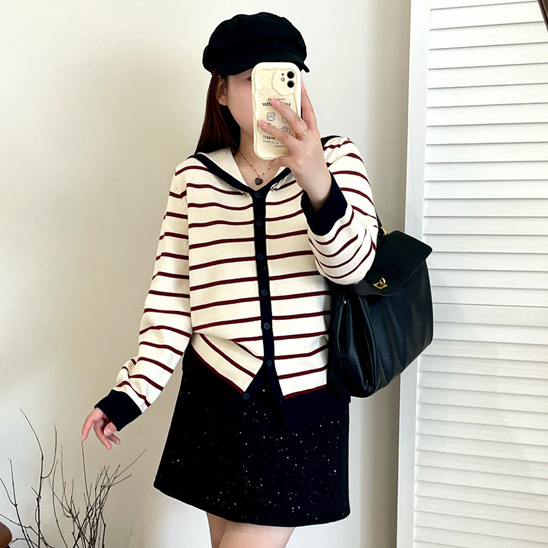大码女装学院风海军领上衣女条纹衫2025秋冬胖mm显瘦针织衫23329