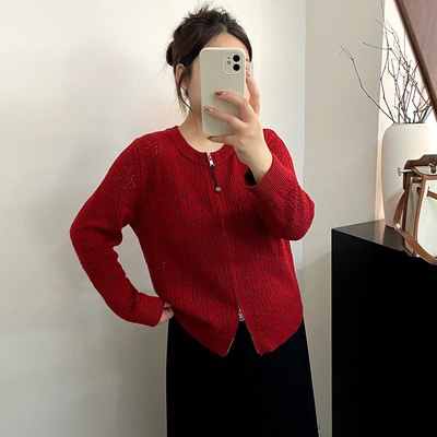 大码女装圆领双拉链外套女休闲上衣2026春胖mm宽松针织开衫23907