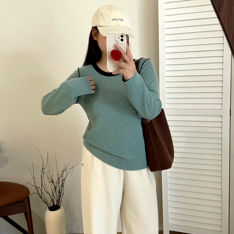 大码女装圆领撞色上衣女外穿内搭毛衣2025秋胖mm百搭针织衫23172