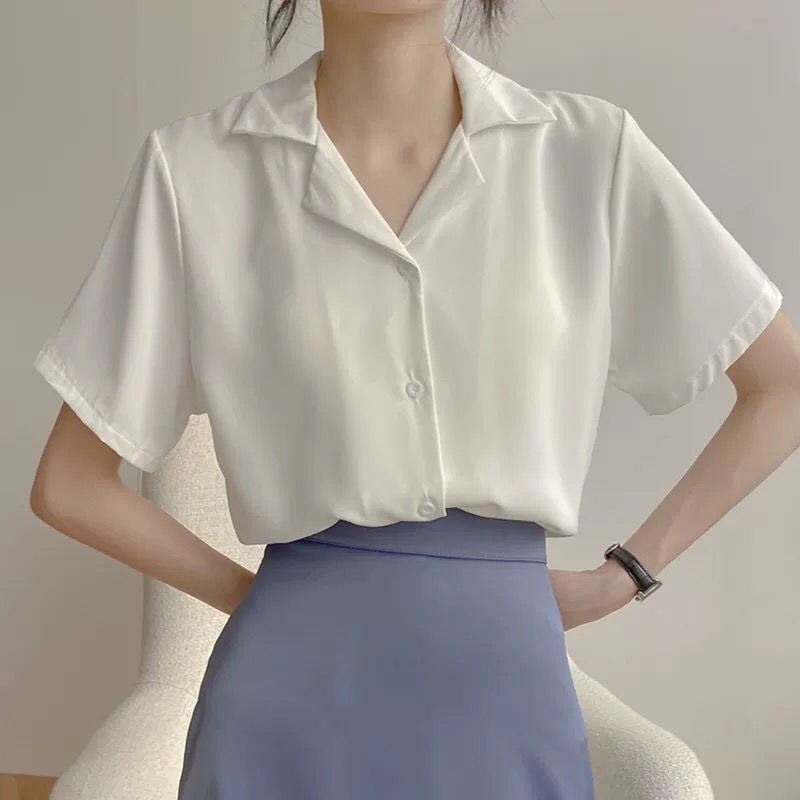 2023春夏季学院风复古韩版职业西装领翻学生短袖衬衫女纯色上衣女