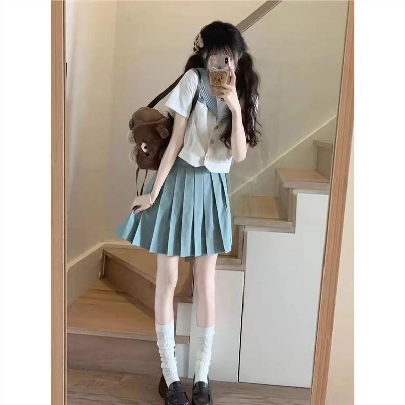 日系学院风jk制服女夏季甜美海军领水手服上衣百褶半身裙两件套装