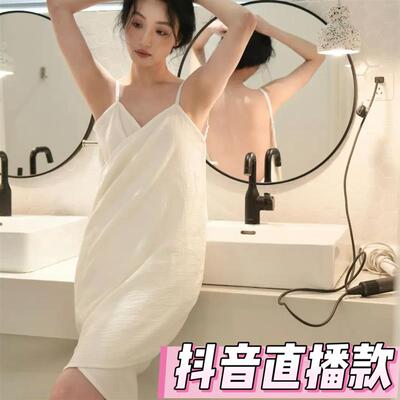 法式四层纯棉纱浴巾裙吊带裙吸水亲肤睡裙肩带可调浴裙睡衣露背