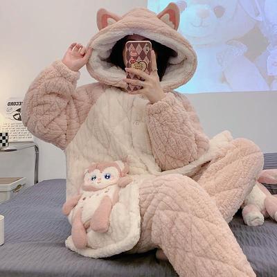 睡衣女2025年新款秋冬季三层夹棉加厚保暖珊瑚绒可外穿连帽家居服