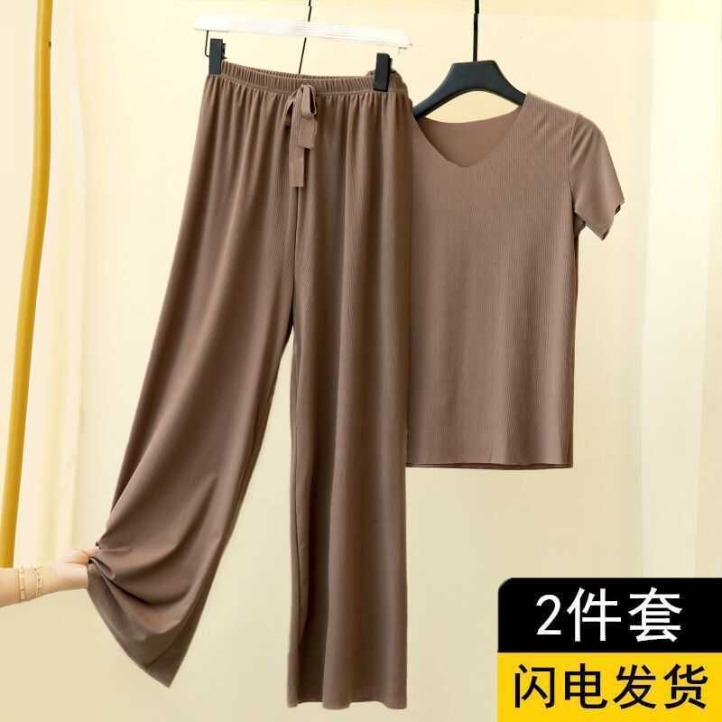 thumbnail for Summer new loungewear casual loose comfortable wide-leg pants pajama pants ice silk pajamas two-piece short sleeve suit women