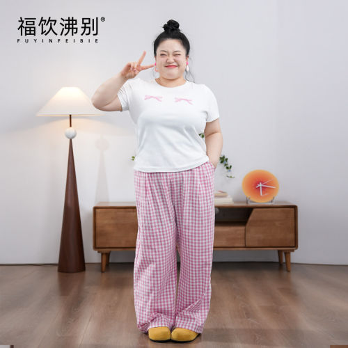 福饮沸别【粉格少女】粉格裤印花短袖大码减龄显瘦百搭套装900100