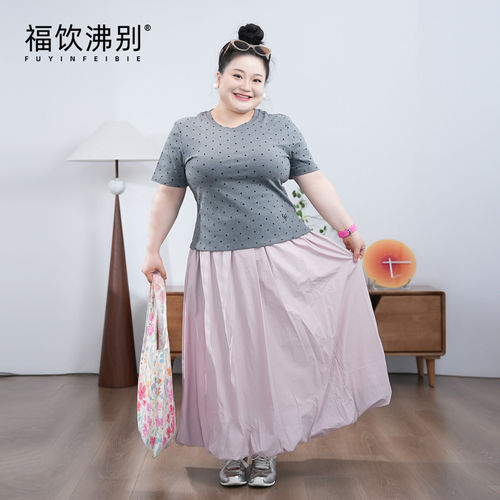 【福饮沸别】夏季灰色波点复古修身花苞裙套装大码胖mm 2101/1022
