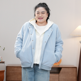 福饮沸别【蓝白双层】大码胖mm秋冬款保暖假两件夹棉连帽外套2568