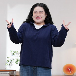 女装 福饮沸别 胖mm休闲百搭潮款 大码 连帽打底上衣2606 深海谧境