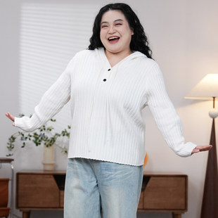 福饮沸别【云雾轻织】大码胖mm宽松针织连帽毛衣25206