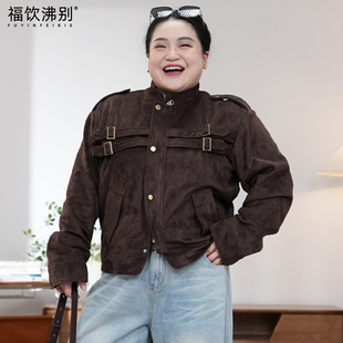 胖mm复古绒感美式 福饮沸别 秋冬大码 拼接 高级拼接夹克2646 美式