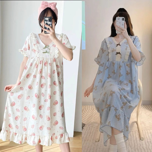 福饮沸别 夏季睡衣女薄款宽松大码胖mm甜美少女印花格子睡裙3034
