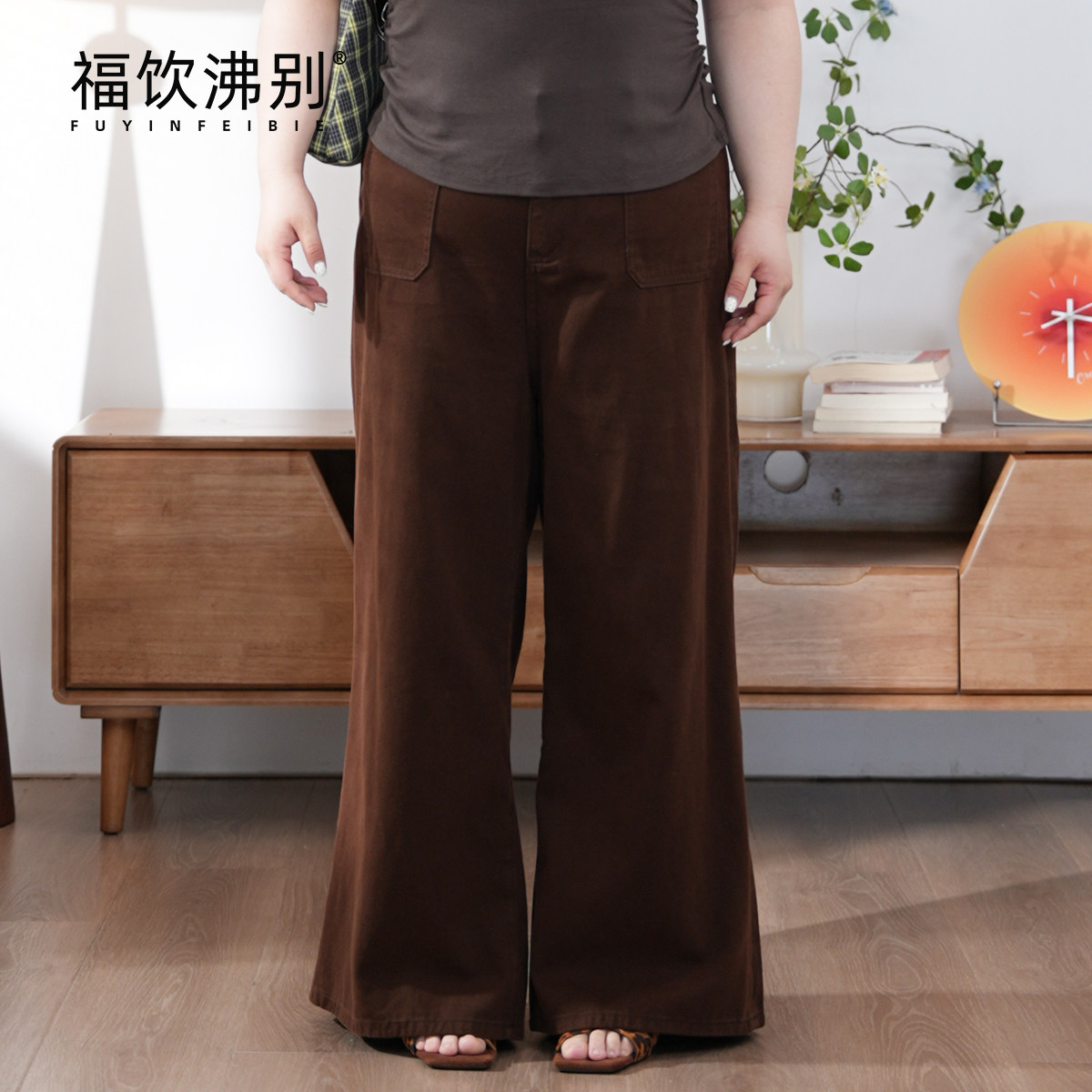 福饮沸别【腿长达人】纯棉日系棕色阔腿长裤大码百搭休闲裤900314