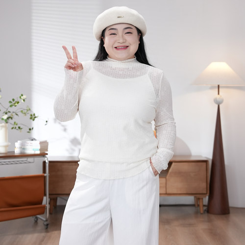 福饮沸别【优雅时光】大码胖mm两色休闲百搭春款蕾丝打底衫2046