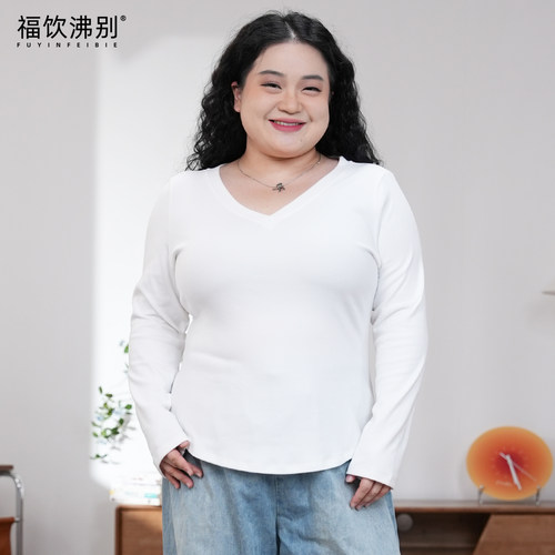 福饮沸别【心藏旧梦】大码胖mm冬季收腰磨毛打底德绒长袖T恤2638