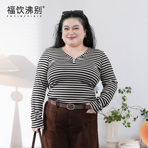 福饮沸别【浪漫时光】92.1%莱赛尔黑白条纹舒适修身大码T恤900533