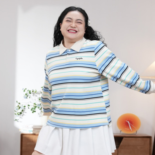 胖mm日常百搭休闲风条纹撞色POLO衫 大码 2621 柔领漫彩 福饮福别