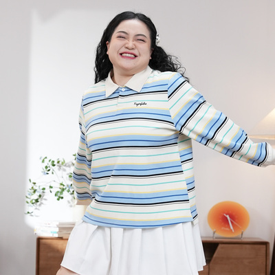 福饮福别【柔领漫彩】大码胖mm日常百搭休闲风条纹撞色POLO衫2621