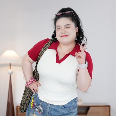 福饮沸别【红杏撞色】大码女装显瘦复古洋气拼色polo领短袖女2061