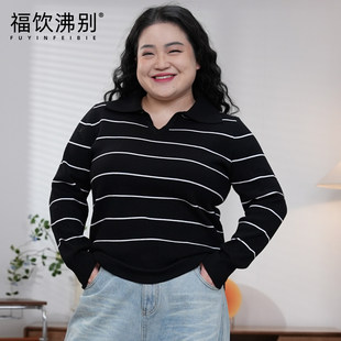 福饮沸别【港式早茶】秋冬大码胖mm黑白调条纹长袖针织衫YP25189