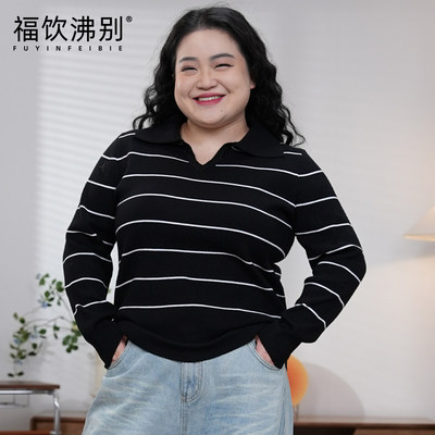 福饮沸别【港式早茶】秋冬大码胖mm黑白调条纹长袖针织衫YP25189