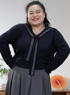 福饮沸别【秋野甜心】大码胖mm学院风海军领秋冬针织衫毛衣25117