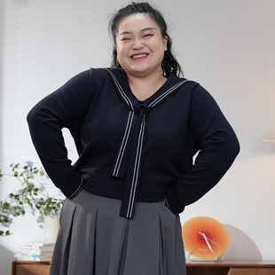 福饮沸别【秋野甜心】大码胖mm学院风海军领秋冬针织衫毛衣25117