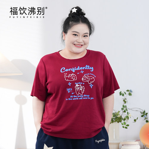 福饮沸别【小猫印花】舒适宽松大码字母小猫印花百搭棉T恤900309