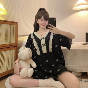 防凸点V领格子可外穿家居服3035 码 乖乖大码 宽松睡衣女夏季 短袖