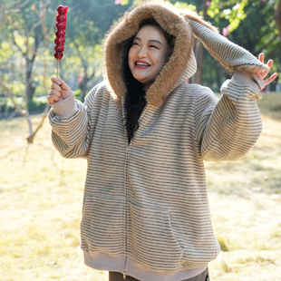 胖mm冬季 大码 加绒条纹兔耳连帽外套2683 疯狂动物城 福饮沸别